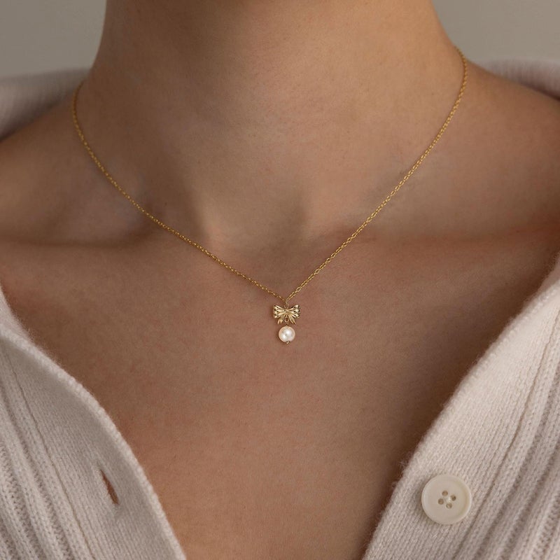 PRTGL Store Pearl Necklace: 14K Gold-Plated/White Gold-plated Pearl Necklace for Women 16.5” + 2” - Image 4